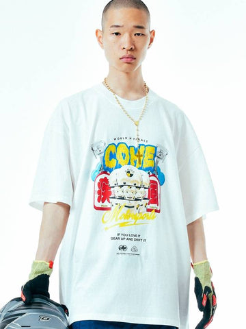 Motorsports Oversized Printed Cotton Jersey T Shirt White - C.O.M.E - BALAAN 1