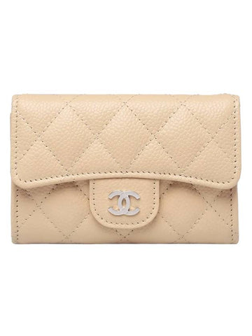 Classic Silver Logo Quilted Caviar Card Wallet Beige - CHANEL - BALAAN 1