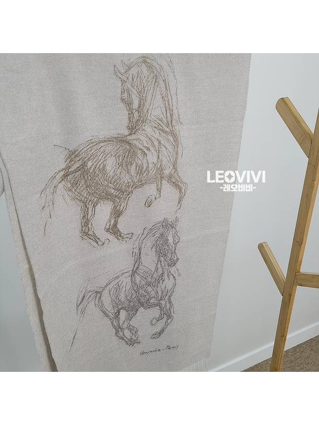 Pirouette au Galop Horse Drawing Pattern Cashmere Muffler Scarf Beige H392850T 04 - HERMES - BALAAN 8