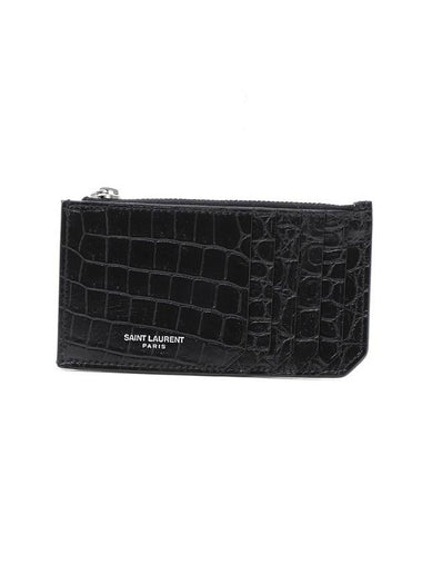 Crocodile Fragment Zipper Card Wallet Black - SAINT LAURENT - BALAAN 1