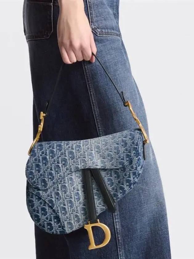 Saddle Strap Denim Oblique Jacquard Shoulder Bag Blue - DIOR - BALAAN 5