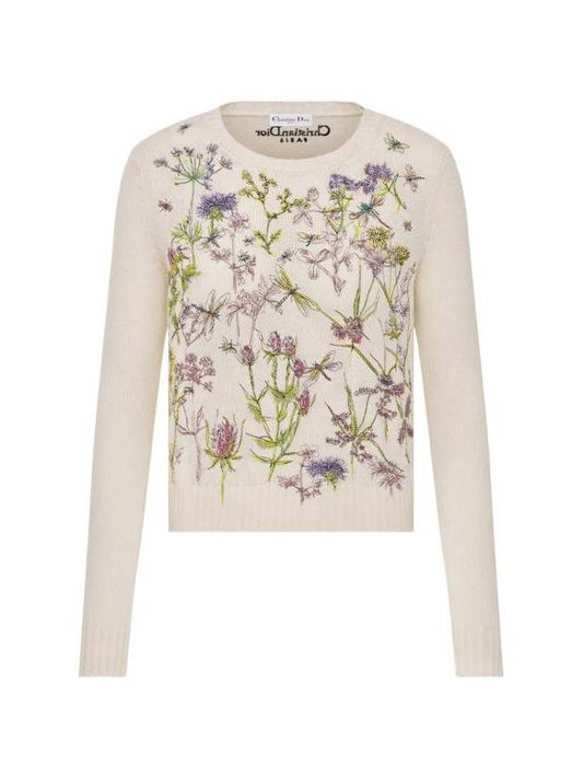 Embroidered sweater cashmere knit herbarium motif white multicolor - DIOR - BALAAN 1