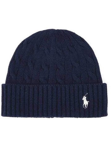 Embroidered Pony Cable Beanie Navy - POLO RALPH LAUREN - BALAAN 1