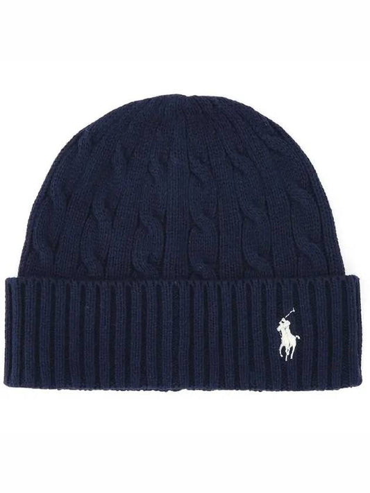 Pony Embroidery Cable Beanie Navy - POLO RALPH LAUREN - BALAAN.