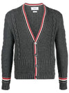 Cable Stripe Classic V-neck Merino Wool Cardigan Grey - THOM BROWNE - BALAAN 3