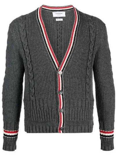 Cable Stripe Classic V-neck Merino Wool Cardigan Grey - THOM BROWNE - BALAAN 2