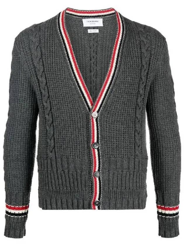 Cable Stripe Classic V-neck Merino Wool Cardigan Grey - THOM BROWNE - BALAAN 3