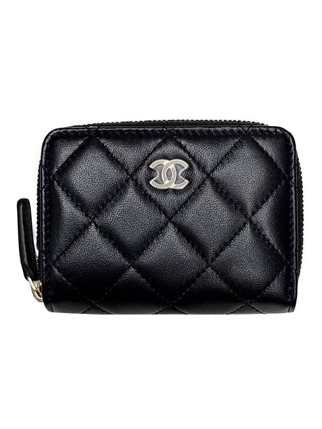 Classic Gold Hardware Logo Flap Zip Lambskin Card Wallet Black - CHANEL - BALAAN.