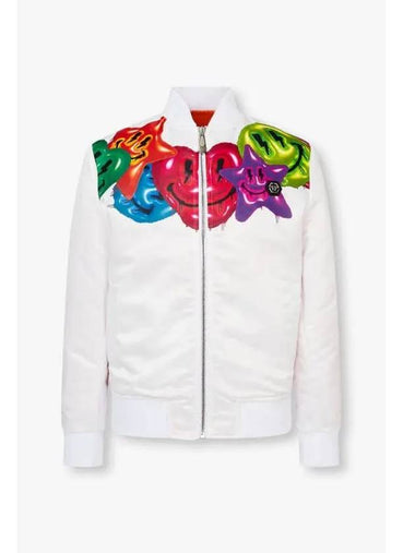 Men s Smile Print Satin Bomber Jacket White - PHILIPP PLEIN - BALAAN 1