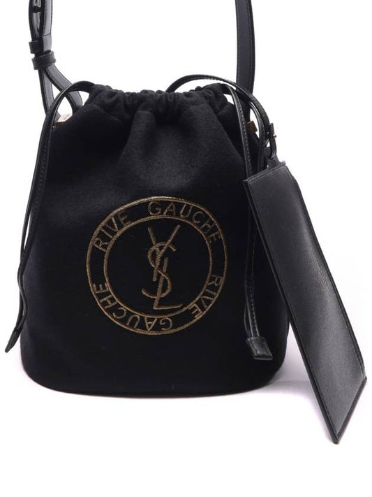 Embroidered Felt Smooth Leather Rib Gauche Lace Bucket Bag Black - SAINT LAURENT - BALAAN 2