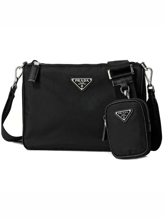 Triangle Logo Re-Nylon Saffiano Leather Shoulder Bag Black - PRADA - BALAAN 2