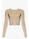 Rib Detail Viscose Crop Long Sleeve T-Shirt Beige - SAINT LAURENT - BALAAN 2