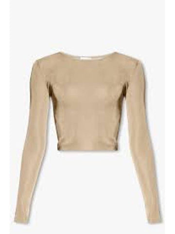 Rib Detail Viscose Crop Long Sleeve T-Shirt Beige - SAINT LAURENT - BALAAN 1