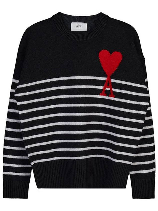 Paris Big Heart Embroidered Logo Wool Knit Top Black - AMI - BALAAN 2