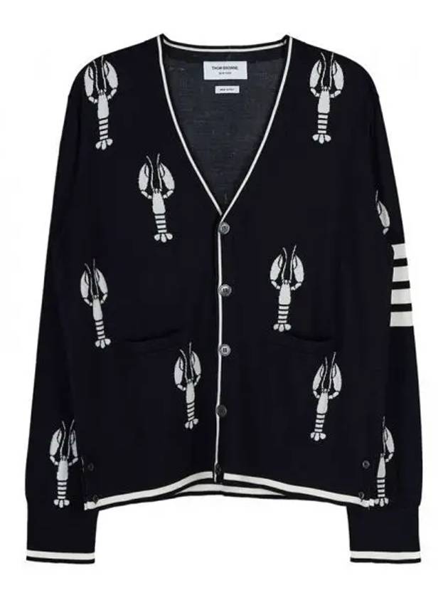 Men's Lobster Merino Wool 4 Bar Relaxed V-neck Cardigan Navy - THOM BROWNE - BALAAN 2