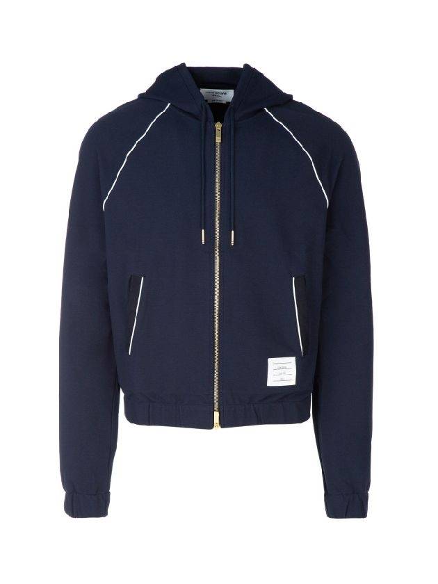 Double Knit Rayon Zip Up Hoodie Navy - THOM BROWNE - BALAAN 1