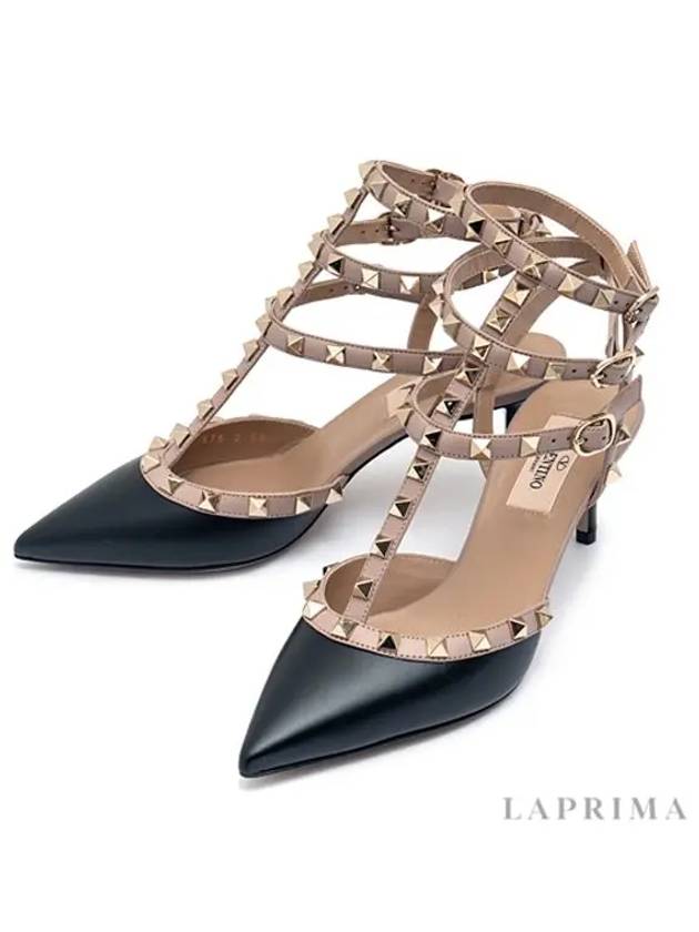 Women's Rockstud Ankle Strap Pumps Heel Black - VALENTINO - BALAAN.