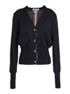 Silk Cotton Blend Relaxed V-Neck Cardigan Navy - THOM BROWNE - BALAAN 3