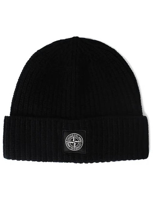 Logo Patch Rib Wool Beanie Black - STONE ISLAND - BALAAN 2