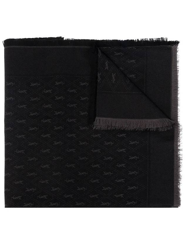 YSL Monogram Wool Jacquard Silk Cotton Large Muffler Black Dark Gray - SAINT LAURENT - BALAAN.