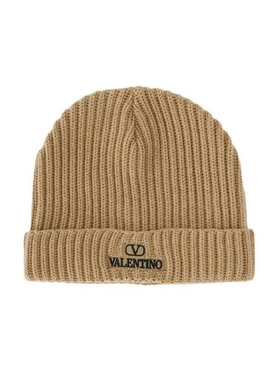 Embroidered Logo Ribbed Beanie Camel - VALENTINO - BALAAN 2