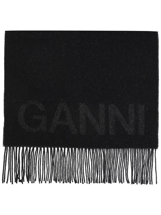 Logo Fringe Muffler Black - GANNI - BALAAN.