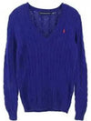 V Neck Embroidered Pony Cable Sweater Blue - POLO RALPH LAUREN - BALAAN 2