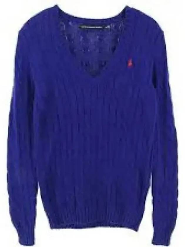 W cable knit cotton V neck sweater blue - POLO RALPH LAUREN - BALAAN 1
