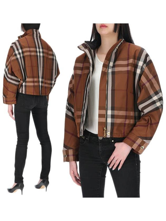 Women's Funnel Check Nylon Jacket Dark Birch Brown - BURBERRY - BALAAN.