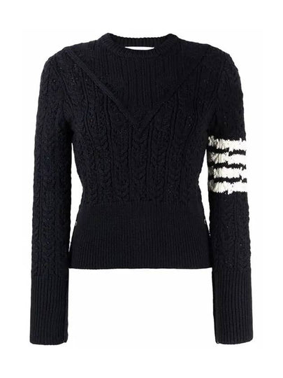 Women's 4 Bar Irish Pointelle Cable Merino Wool Knit Top Navy - THOM BROWNE - BALAAN 2