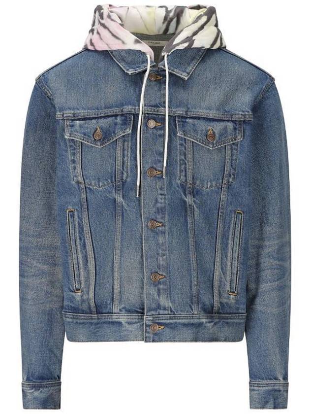 Logo Hoodie Union Wash Denim Jacket Blue - CELINE - BALAAN 3