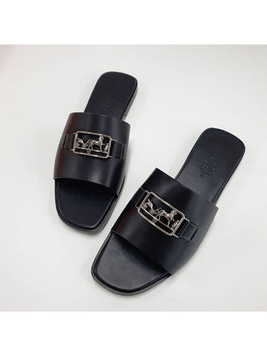 375 size Villa Villa Silver Metal Black Sandals Mule Slippers - HERMES - BALAAN 1