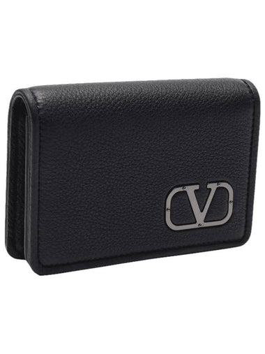 V Logo Leather Card Wallet Black - VALENTINO - BALAAN 1