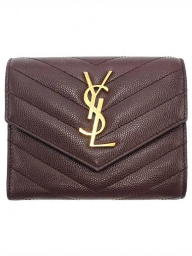 Women s Saint Laurent 403943 Burgundy Monogram Matelasse Envelope Gold Logo Compact 3 fold Bicycle Wallet gt Half Gangbuk used luxury goods - SAINT LAURENT - BALAAN 1