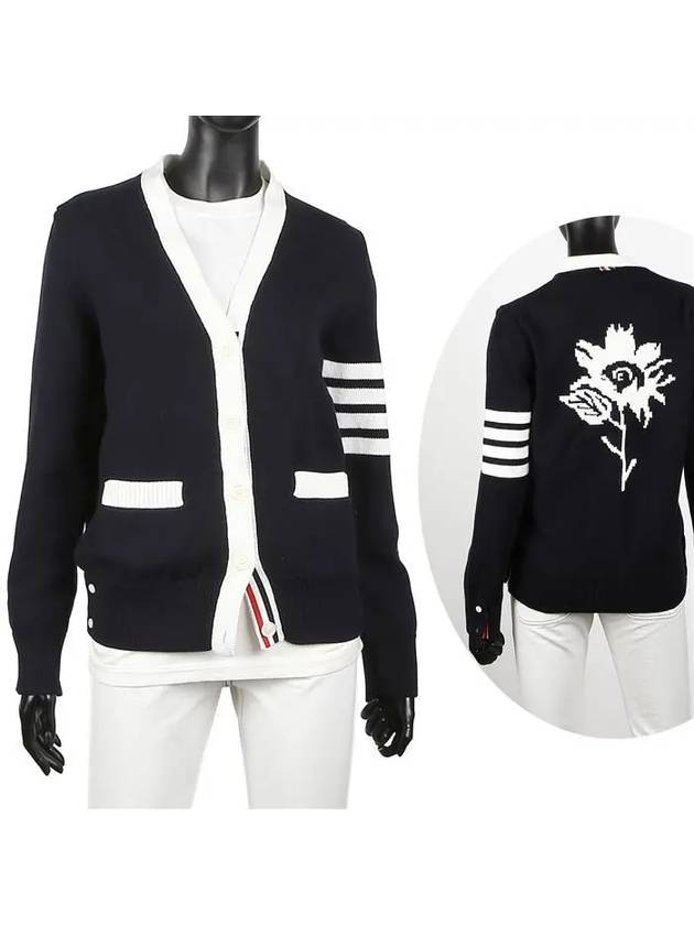 Cotton Jersey Flower 4 Bar V Neck Cardigan Navy - THOM BROWNE - BALAAN 2