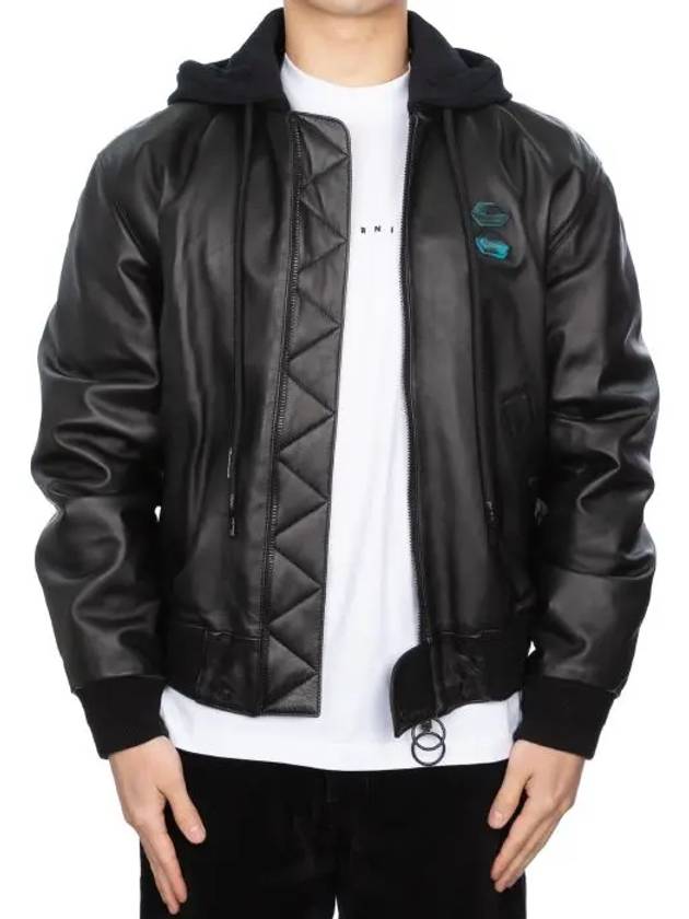 Back Logo Leather Hooded Bomber Jacket Black - OFF WHITE - BALAAN 3