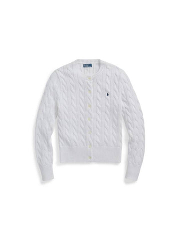 Crew Neck Cable Knit Cotton Cardigan White - POLO RALPH LAUREN - BALAAN 1