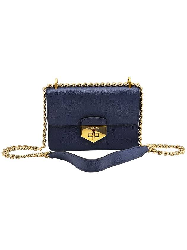 Prada 1BD089 Navy Saffiano Soft Calfskin Gold Chain Shoulder Bag - PRADA - BALAAN 1