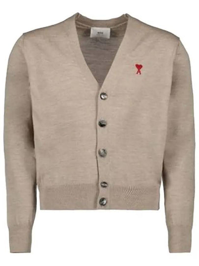 Red Heart Logo Merino Wool Cardigan Beige - AMI - BALAAN 2