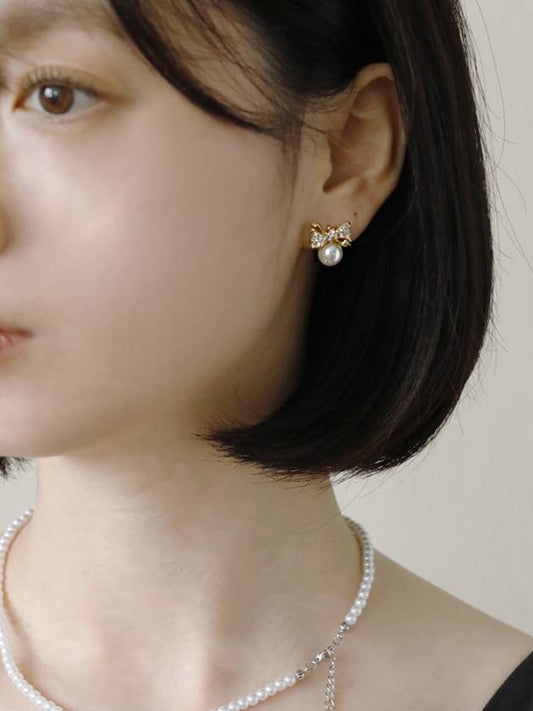 Cubic Ribbon Pearl Earrings Gold - SOSOO - BALAAN 2