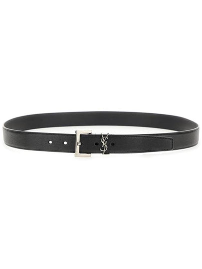 Silver Hardware Monogram Buckle Leather Belt Black - SAINT LAURENT - BALAAN 2