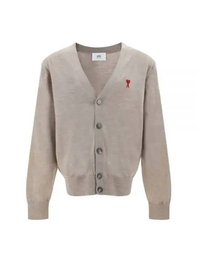 Red Heart Logo Merino Wool Cardigan Beige - AMI - BALAAN 2