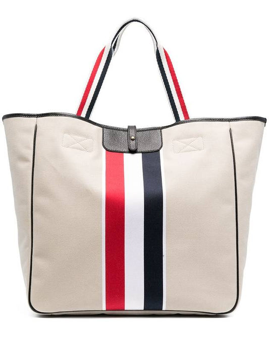 Khaki Canvas Jacquard Striped Hunting Tote Bag Natural - THOM BROWNE - BALAAN 1