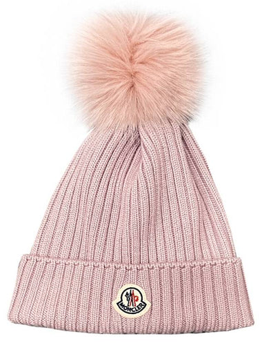 Kids Logo Patch Pom Wool Beanie Light Pink 3B00014 M1131 51A - MONCLER - BALAAN 1