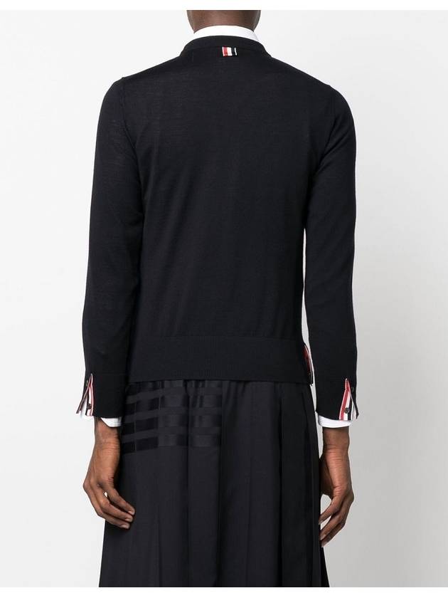 Intarsia Stitch Crew Neck Merino Wool Knit Top Navy - THOM BROWNE - BALAAN 4