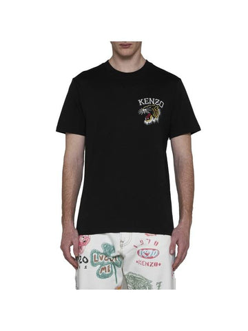 Tiger Embroidery Crew Neck Cotton Short Sleeve T-shirt Black - KENZO - BALAAN 1