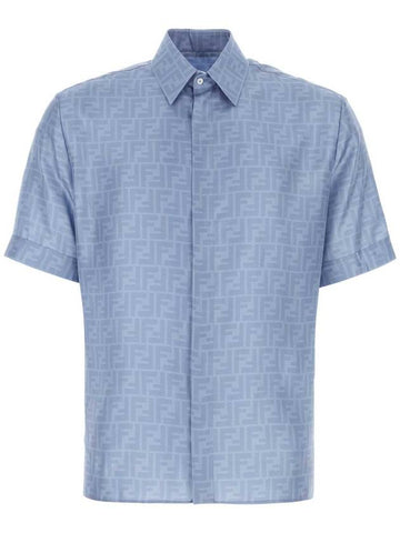 Men's FF Motif Silk Short Sleeve Shirt Blue - FENDI - BALAAN 1