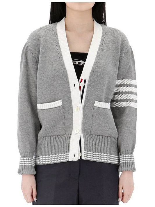 4 Bar Stitch V Neck Cardigan Grey - THOM BROWNE - BALAAN 2