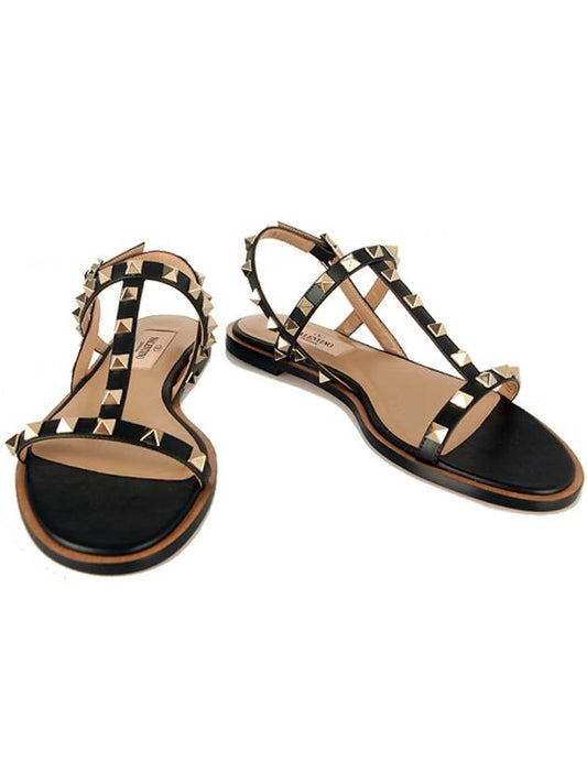 Women's Rockstud Flat Sandals Black - VALENTINO - BALAAN.