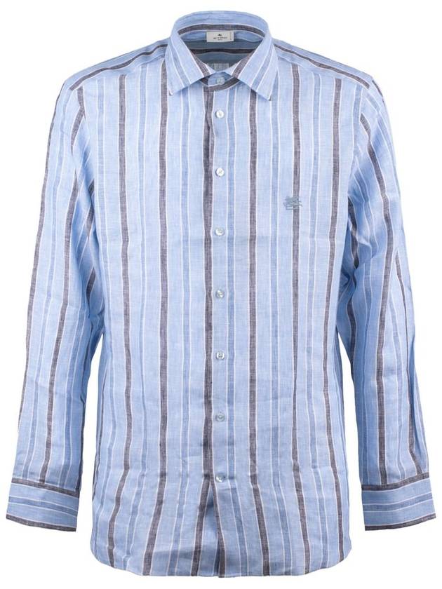 Etro Light Blue Linen Striped Shirt With Logo - ETRO - BALAAN 1